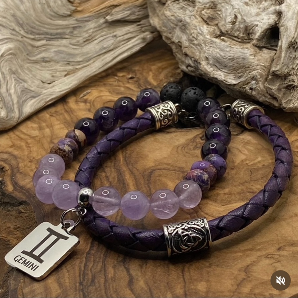 Amethyst Beaded Bracelet with braided leather Set with Gemini Charm